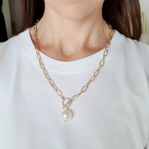 Punk Thick Chain Imitation Pearl Pendant Necklace for Women Fashion Bead Lariat Necklaces Gold Color Choker Necklace Jewelry