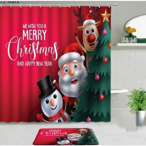 Christmas Cartoon Shower Curtains Set Santa Claus Snowman Elk Red Screen Bath Mat Rug Bathroom Room Decoration Entrance Door Mat