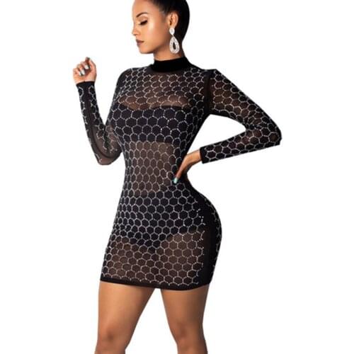 Sexy Mesh See Through Black Glitter Dress Women Long Sleeve Turtleneck Bodycon Mini Dress Sheer Going Out Party Dresses Vestidos