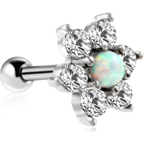 Hot Sale 1PC Surgical Steel 16g Prong Crystal Gem Opal Stud Earring Opal Flower Ear Cartilage Tragus Helix Piercing Sexy Jewelry
