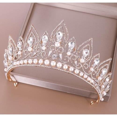 Baroque Luxury Drop Shape Crystal Crown Princess Birthday Party Imitation Pearl Tiaras Headwear Bridal Wedding Hair Accesories