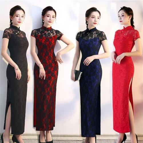 Cheongsams Chinese Clothing for Women Dress Qipao Sexy Lace Short Sleeve Slim Female Tight Split Hollow Ladies Tang Suit Dresses
