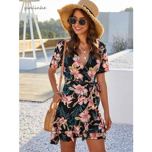 Yinlinhe Floral Print Wrap Dress Women Short Sleeve Summer Dress Sash Tied Slim Waist Beach Dress Holiday Outfits Boho 2020 1763