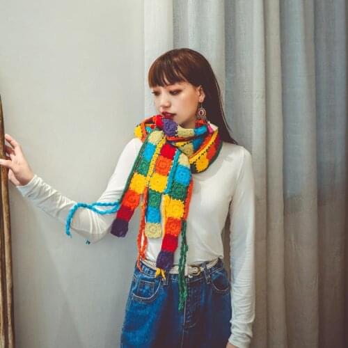 Winter National Folk Custom Handcraft Crochet Collision Color Splice Wool Thickens Flow Recovery Ancient Color Checkered Scarf