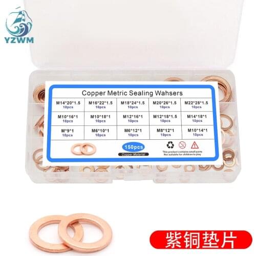 150pcs Red Copper Gasket 15 Specifications Oil Plugging M5-M20 Red Copper Flat Gasket Sealing Box O-ring