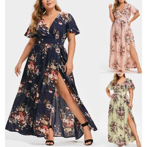 2021 Short Sleeve Maxi Dress Flower Print Women High Split Waist TightAnkle-Length Plus Size Long Dress Beachwear for Banquet