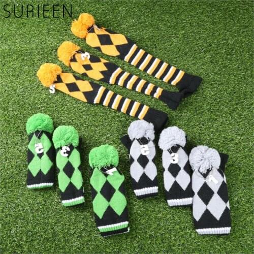 3pcs Kniting Head Covers Wool Pompom Golf Club Headcovers (1 Driver Headcover,3 Fairway Wood Headcover,5 Fairway Wood Headcover)
