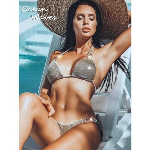 Shiny Diamond Sexy Bikinis Set 2021 Push Up Swimwear Women Swimsuit Halter Female Biquini Tie Up Two-Pieces Crystal Bathing Suit