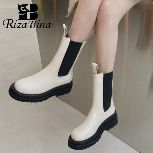 RIZABINA Size 33-43 Women Mid Calf Boots Real Leather Mix Color Short Boots Women Fashion Cool Winter Shoes Women Footwear