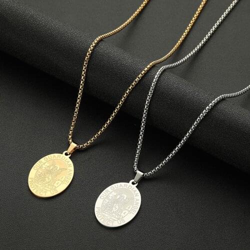 Cxwind Punk Guardian Angel Pendant Necklace Oval Disc Necklaces Pendants Stainless Steel Charm Jewelry for Women Men Amulet Gift
