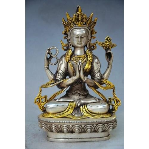 EXQUISITE CHINESE Tibet SILVER GILT HANDWORK CARVED TIBETAN BUDDHISM STATUE