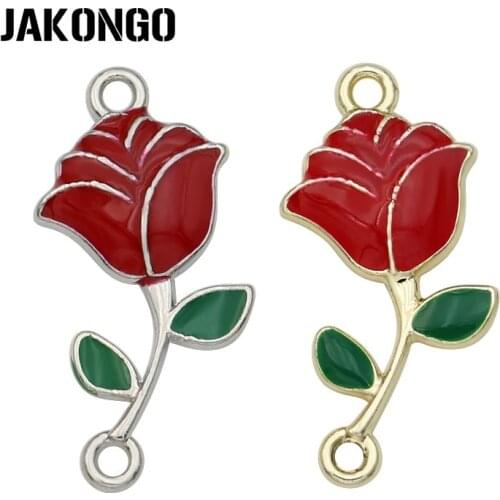 JAKONGO Silver Plated Enamel Red Rose Flower Connectors for Jewelry Making Bracelet Accessories DIY Findings Craft 26x12mm