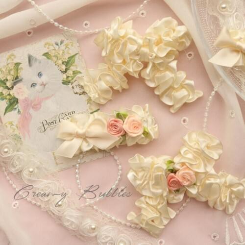 Cream yellow vintage French recess lace hand made small rose bow lace hairpin