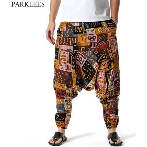Mens Womens Cotton African Printed Harem Pants Yoga Drop Crotch Trousers Hip Hop Harajuku Genie Boho Pants Joggers Sweatpants