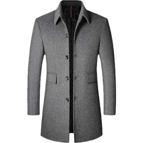 New Men Mid-length Slim-fit Woolen Coat With Stand-collar Solid Color Woolen Coat Casual Solid Coat For Men Jacket Style Blends