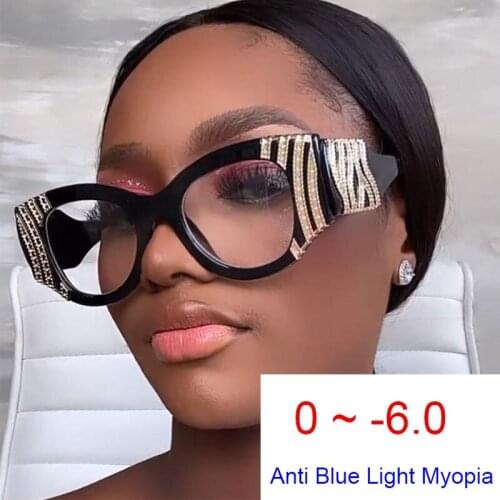 Vintage Oversized Computer Glasses Women Luxury Metal Stripe Decoration Myopia Glasses Eyeglasses Graduate -2 -3 Anti Blue Light