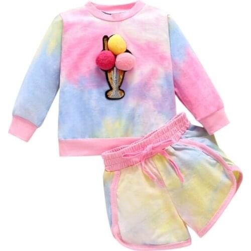 Autumn New Products Girls Tie-dye Sweater Shorts Two-piece Pink 120cm