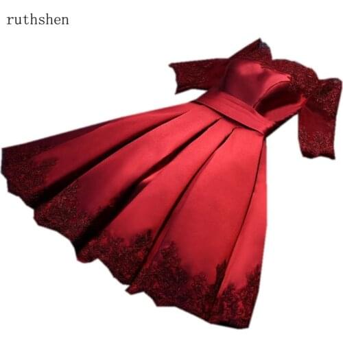 Ruthshen Reflective Dres Burgundy Pink Prom Dresses Knee Length Appliques Party Dress Off The Shoulder Formal Gown Short Sleeves