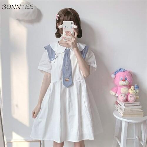 Dress Women Kawaii Students Japanese Style Fashion Casual Peter Pan Collar Chic A-line Embroidery Knee-length Lovely Girlish New