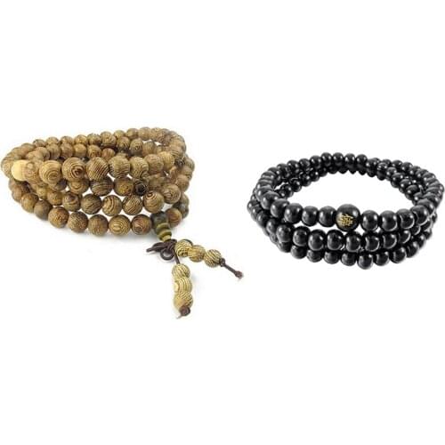 Tibetan Buddhist Pearl Prayer Mala Necklace Wood & 6mm Wood Bangle Bracelet Tibetan Buddhist Sandal Necklace 108Pcs Bead