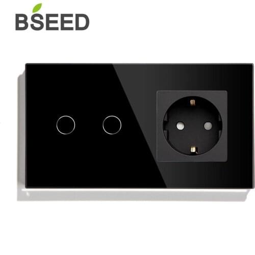 BSEED 2 Gang 1 Way 2 Way Touch Switch With EU Standard Socket Black White Golden Crystal Glass Panel Switches 3 Colors