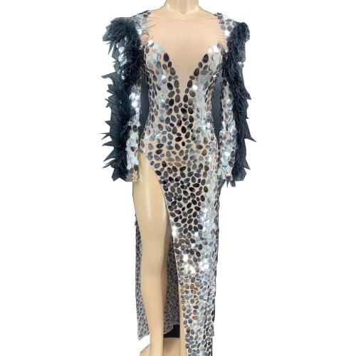 Silver Sequins Mirrors Black Feathers Tight Split Fork Dress Model Costume Party Dress For Women Stage Wear Lady