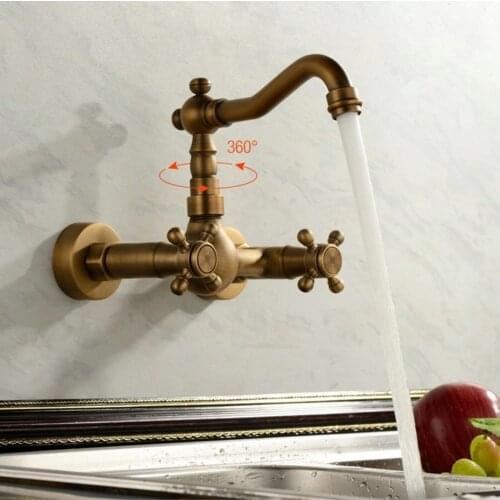 Thick G1/2" / G9/16" Bathroom Basin Sink Faucet Wall Mount Dual Cross Knobs Mixer Tap,Antique Brass