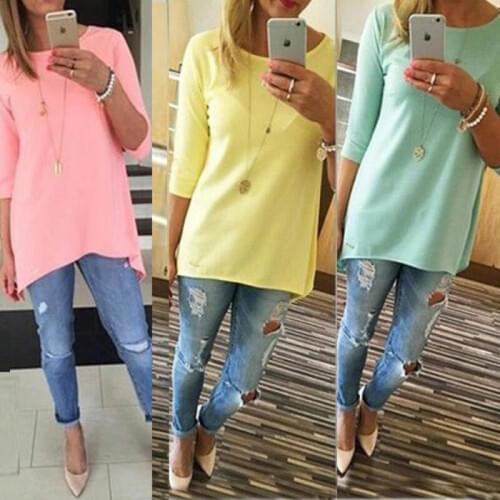 UK Plus Size Womens Casual Tops 3/4 Sleeve Crew Neck Solid T-Shirt Ladies