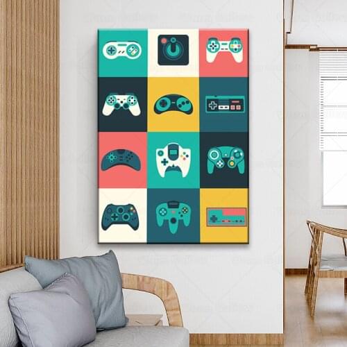 Vintage Video Gamepad Poster and Print Wall Art Picture Illustration Canvas Painting for Gamer Boys Nursery Home Decor