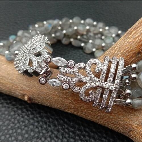 Y·YING 6 Rows Natural Faceted Coin Shape Labradorite Bracelet Cubic Zirconia Pave Clasp 8.5"