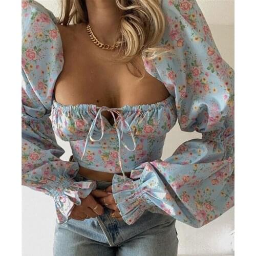 French Vintage Puff Sleeve Long sleeveFloral Blouse Women Tie-up Square Collar Wrap Crop Tops Fashion Chic Backless Pullovers
