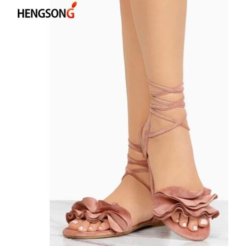 Women Sandals Ruffle Lace-Up Summer Shoes Cross Bandage Low Heels Sandals Fashion pompes de femme
