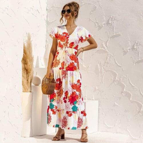 Summer Fashion Womens Printed V Neck Buttons Casual Loose Splicing Ruffled Lace Up Elastic Waist Ladies Short Sleeve Dress 2021
