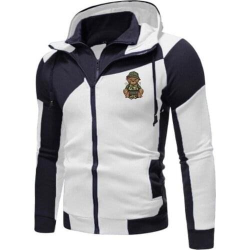 Winter Fashion Mens Spliced Jacket Bear Printing Windbreak Outdoor Zipper With Hood Sports Overcoat Plus Size for Male