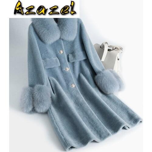 100% Wool Jacket Fox Collar Real Fur Autumn Winter Coat Women Clothes 2020 Korean Sheep Shearling Suede Lining ZT3481