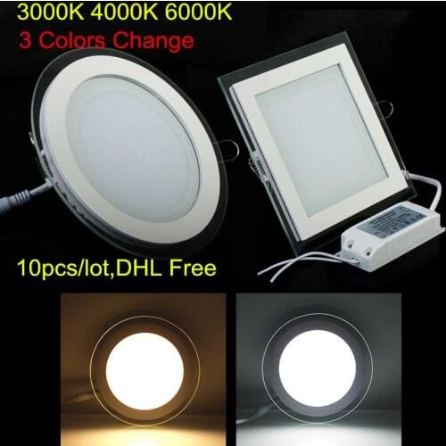 3000K 4000K 6000K 3 Colors Change 6W 9W 12W 18W Glass LED Downlight AC85-265V Recessed LED Ceiling Panel light 10pcs DHL Free