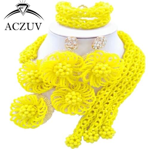 ACZUV Latest African Necklace Beads Set For Wedding Yellow Crystal Nigerian Jewelry Sets C3F013