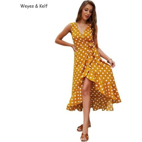 Bohemian Deep V-neck Dot Sleeveless Dress For Summer 2020 Vintage Boho Ruffed Dress Women Beach Long Dresses