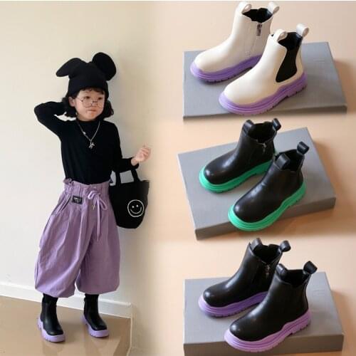 Girls Color Bottom Martin Boots 2021 Autumn New Children British Style Short Boots Boys Candy Color Thick-soled Leather Shoes