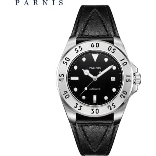 PARNIS New 43mm Watch Men Black dial Black Leather Automatic Mechanical Watches Sapphire Crystal Luminous waterproof Wristwatch