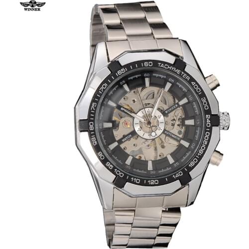 2016 Winner brand Luxury Sport mens Automatic Skeleton Mechanical Military fashion casual Watch Men Silver full Steel Band