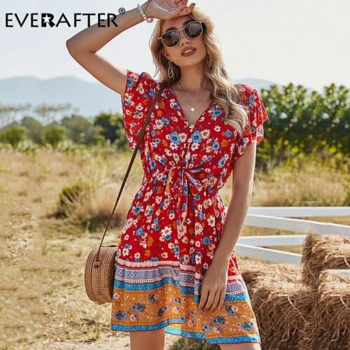 EVERAFTER Sexy V-neck Ruffle Sleeve Holiday Mini Dress Women Floral Print Casual Summer Boho Dress Vintage Button Lace up Dress