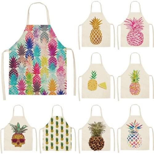 1Pcs 53*65cm Cotton Linen Pineapple Printed Cleaning Aprons Sleeveless Home Cooking Kitchen Apron Cook Wear Adult Bibs WQ0007