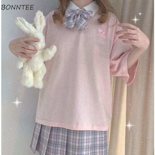 Short Sleeve T-shirts Women Simple Daily Summer Korean Style Chic Harajuku Kawaii Tees Patchwork Cute Lovely Girls Tops Straight