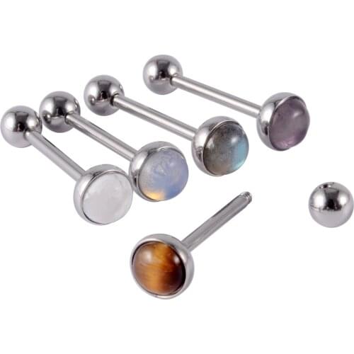 1 PC Titanium Barbell Amethyst Labradorite Tiger Eye White Line Stone Tongue Barbell Ring Body Piercing Jewelry 14G