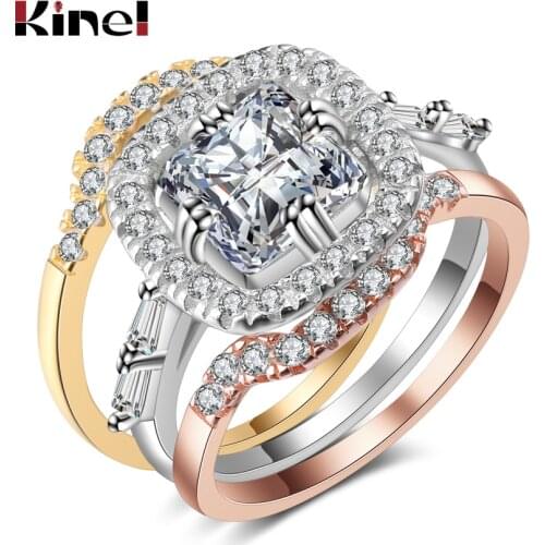 Kinel Luxury Wedding Ring Set For Women Mix 3 Colors Metal Big Square CZ Zircon Rings Fashion Jewelry Christmas Gift