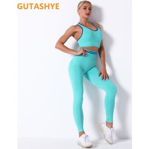 GUTASHYE Yoga Set Fitness Clothing Sportswear High Waist Women Gym Leggings Tights Padded Push-up Sports Bra Sports Sets
