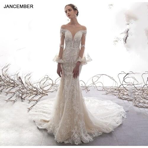 LDR58 Custom Wedding Dress 2021 New Bridal Fishtail Dress Long Sleeve Luxury 2021 Slim V-neck Transparent Lace Long Sleeve Gown