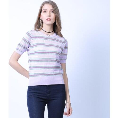 Summer Short Sleevees Striped T-Shirt For Women High Quality Knitting Slim Blouse Female O-Neck Tops