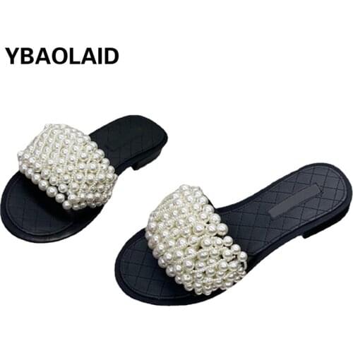Fashion Cowhide Pearl Low-heel Sandals and Slippers 2021 Summer New Style Round Head Comfortable Casual Half-and-half Slippers
